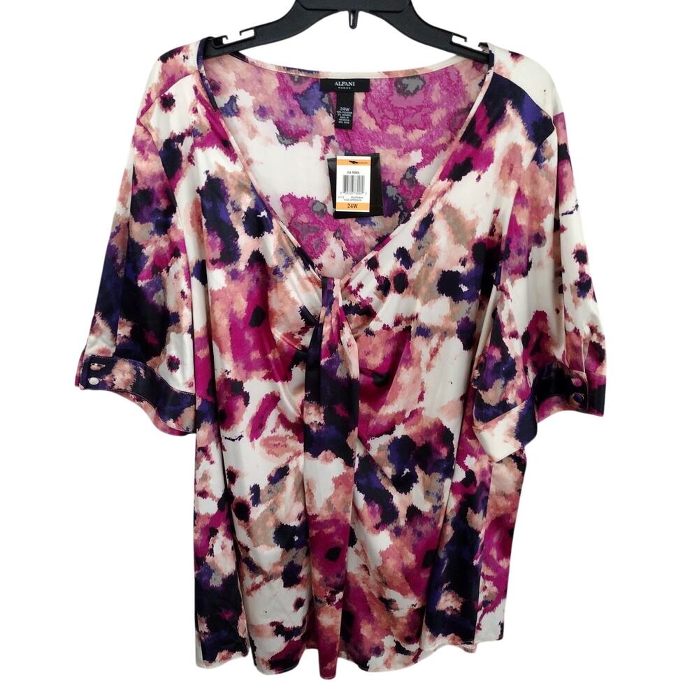Alfani NEW Moody Abstract Floral V-Neck Short Sleeve Satin Blouse Women 24W Plus